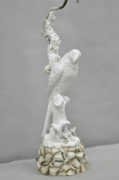 Antique Italian Blanc de Chine White Porcelain Perched Parrot Bird Table Lamp