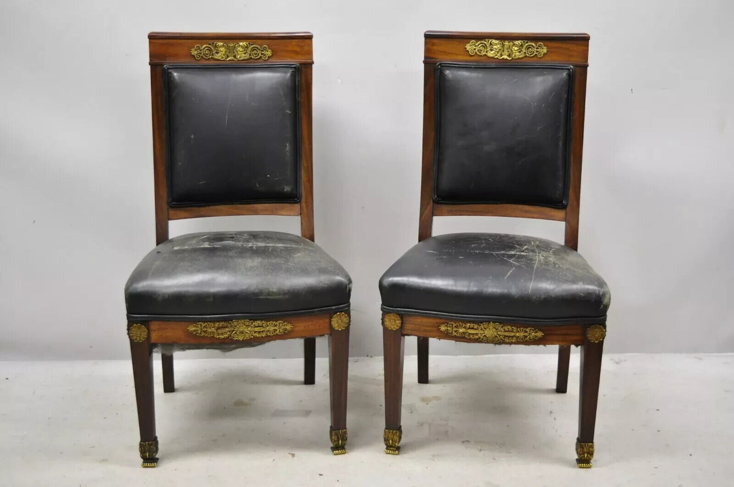 Antique French Empire Mahogany Side Chairs w/ Neoclassical Bronze Ormolu - Pair