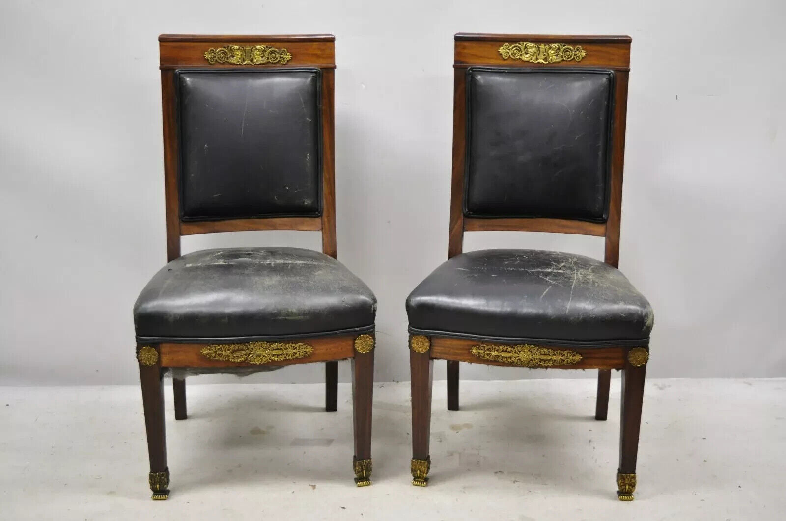 Antique French Empire Mahogany Side Chairs w/ Neoclassical Bronze Ormolu - Pair