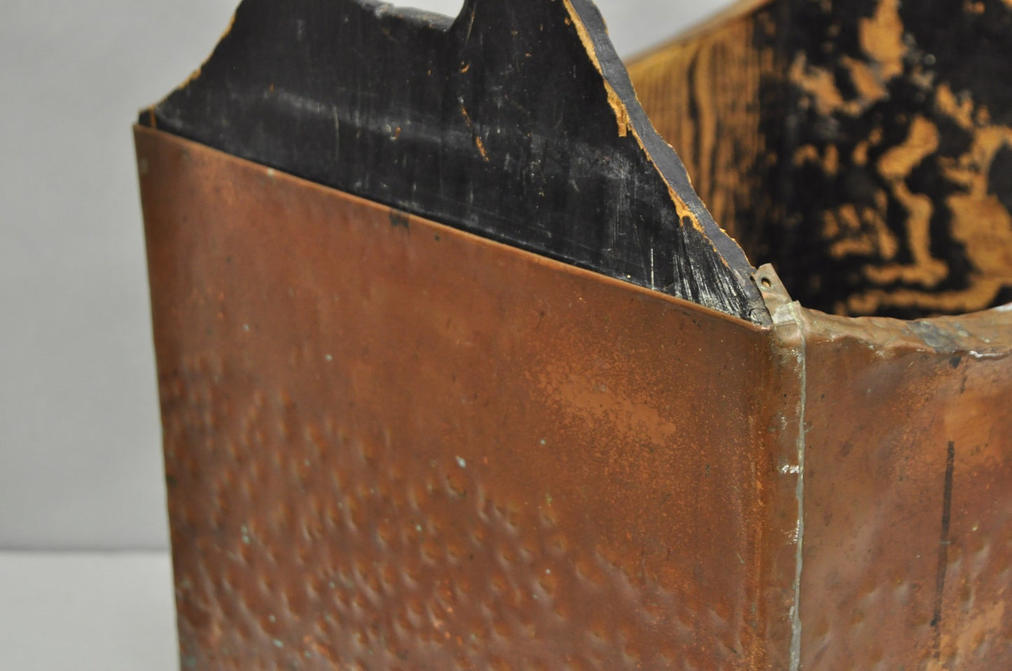 Antique French Country Primitive Copper & Wood Black Grain Painted Grain Bin