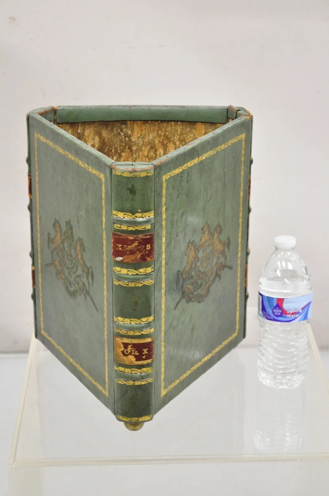Vintage Italian Regency Green Leather Triangular Book Form Wastebasket Trash Can