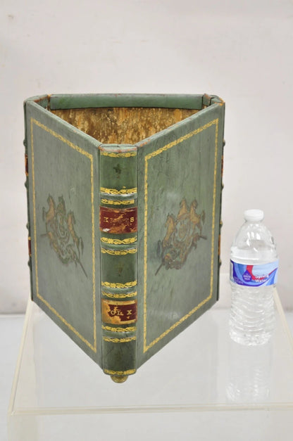 Vintage Italian Regency Green Leather Triangular Book Form Wastebasket Trash Can