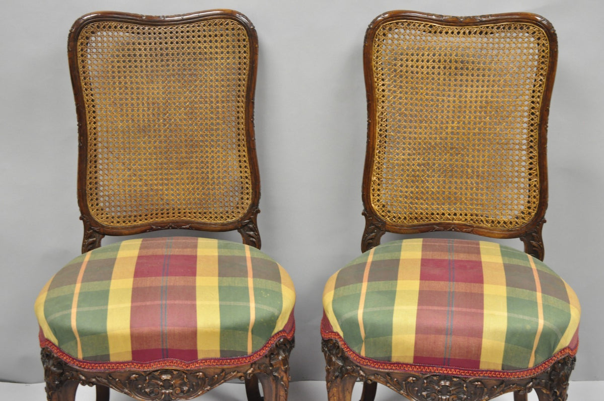 Antique French Country Louis XV Carved Walnut Cane Back Side Chairs - a Pair