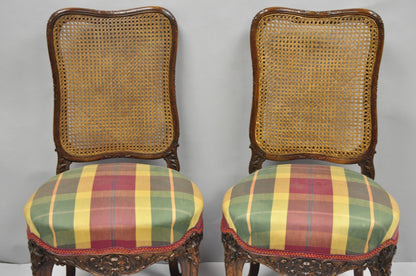 Antique French Country Louis XV Carved Walnut Cane Back Side Chairs - a Pair