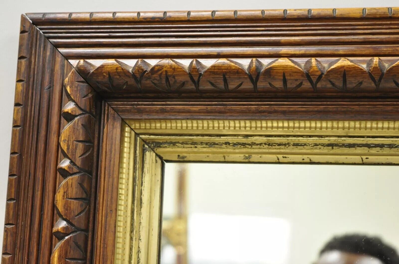 19th C American Victorian Hand Carved Oak Wood Gold Gilt Shadow Box Wall Mirror