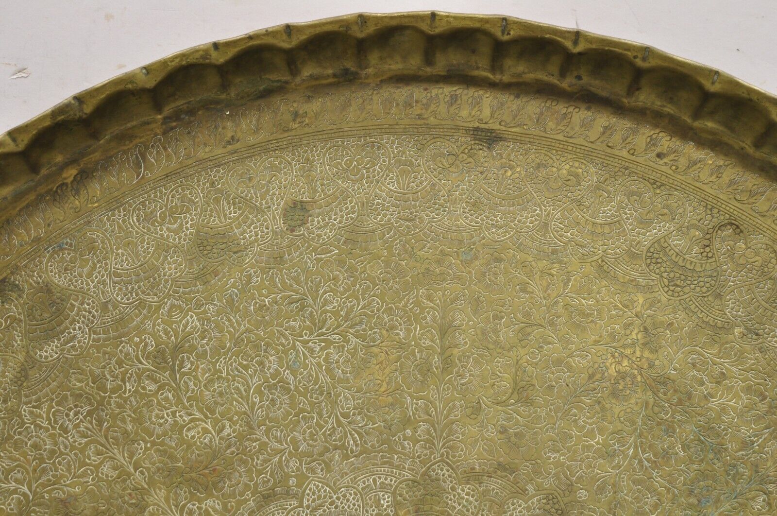 Vintage Moroccan Middle Eastern Solid Brass Large Round Engraved 33.5" Tray Top