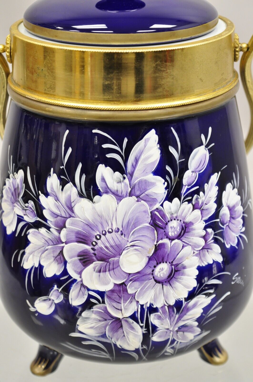 Vintage Victorian Cobalt Blue Porcelain Lidded Cookie Biscuit Jar Purple Flowers