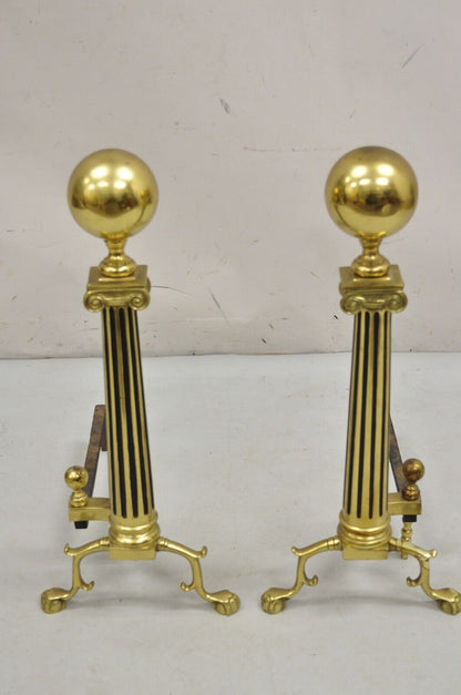 Vintage French Empire Style Brass Cannonball Column Form Branch Foot Andirons