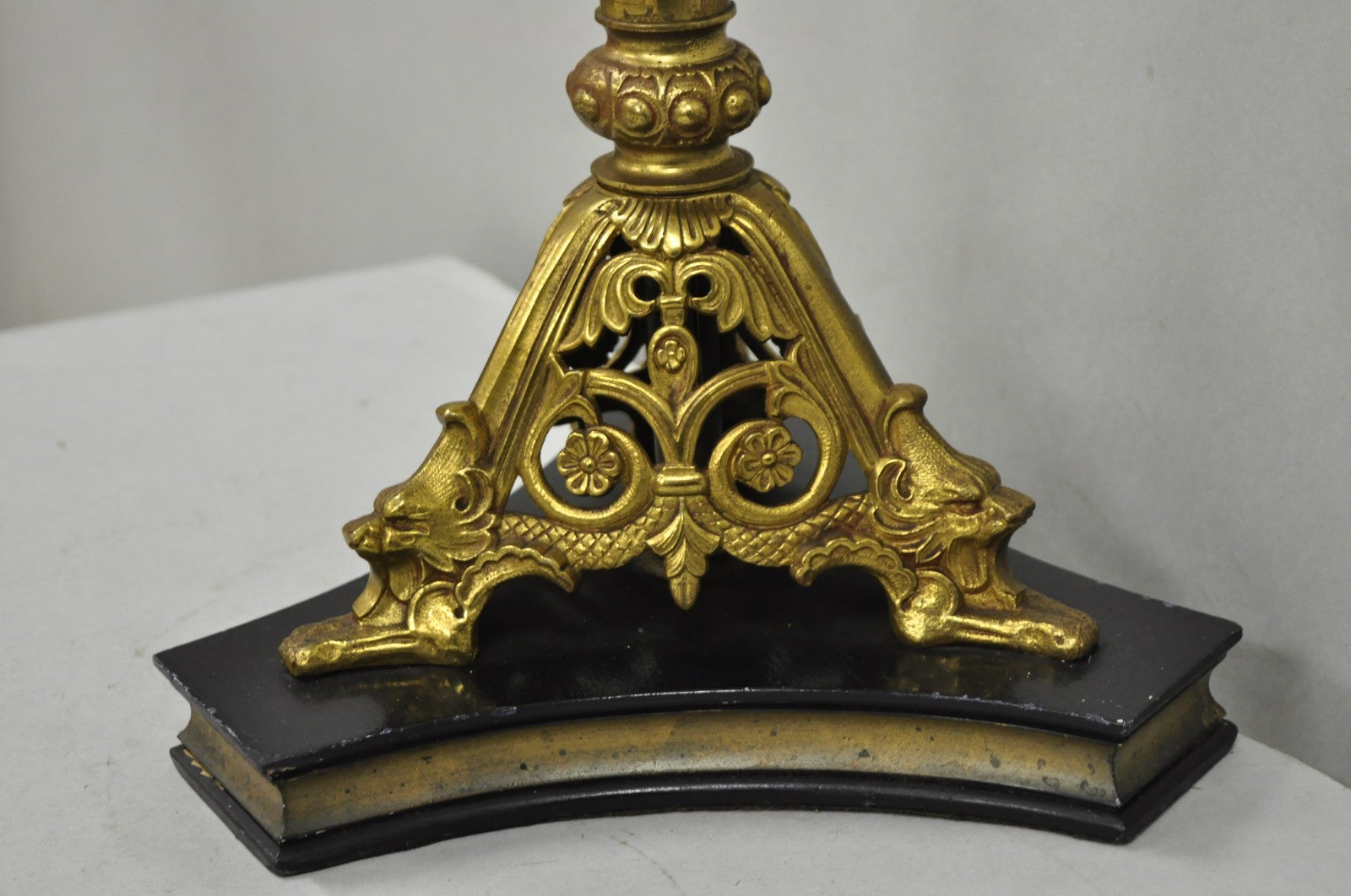 Antique French Renaissance Gothic Figural Brass Candlestick Column Table Lamp