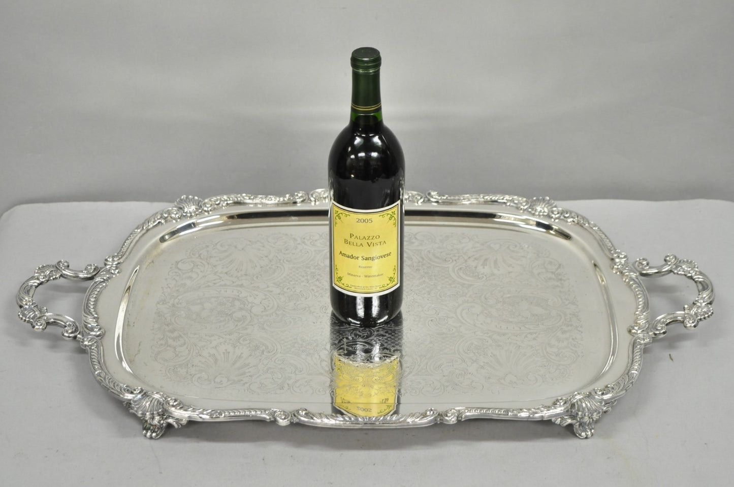 Antique English Victorian Silver Plated Ornate Twin Handle Bar Tray by BSC