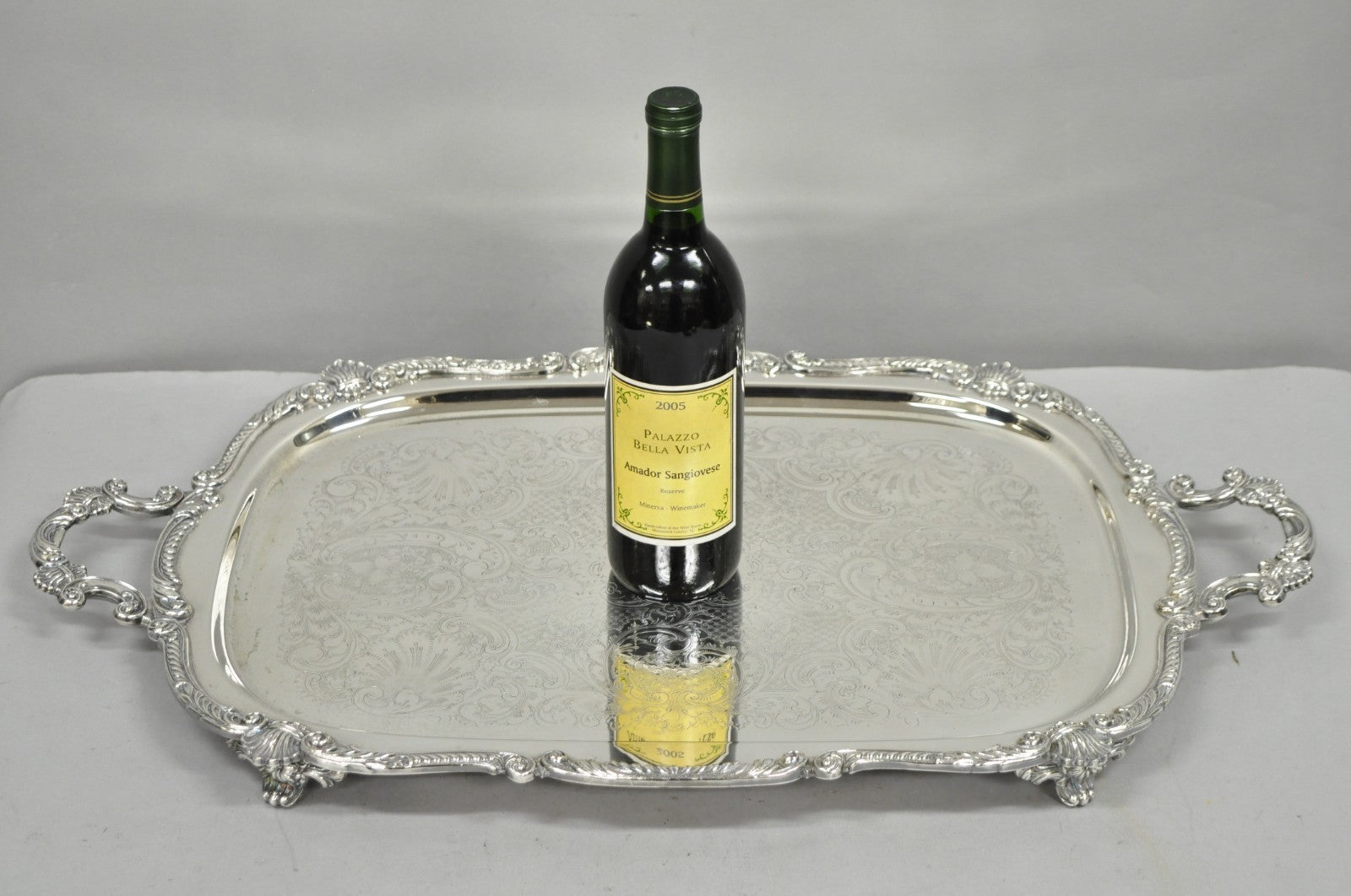 Antique English Victorian Silver Plated Ornate Twin Handle Bar Tray by BSC
