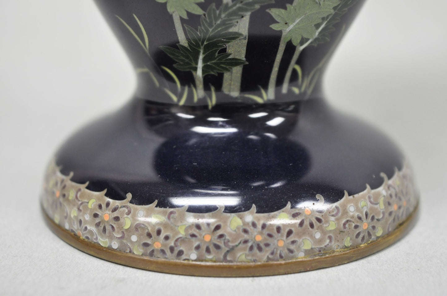 Meiji Period Japanese Cloisonne Enamel Dark Blue Daisy & Butterfly Tall Urn Vase