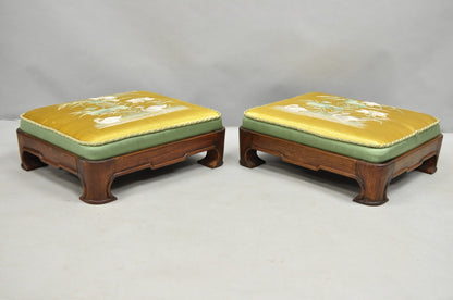 Vintage Chinoiserie Chinese Ming Style Low Footstool Ottoman w/ Silk - Pair