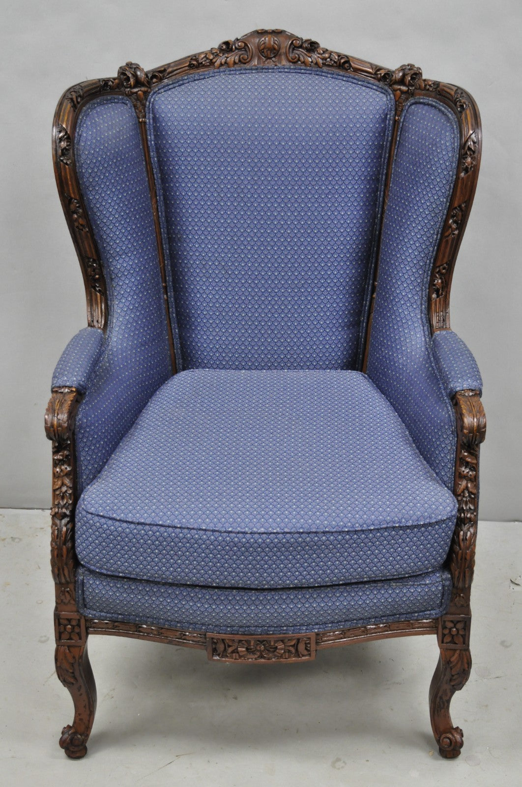 Antique French Renaissance Louis XV Style Carved Walnut Wingback Arm Chair