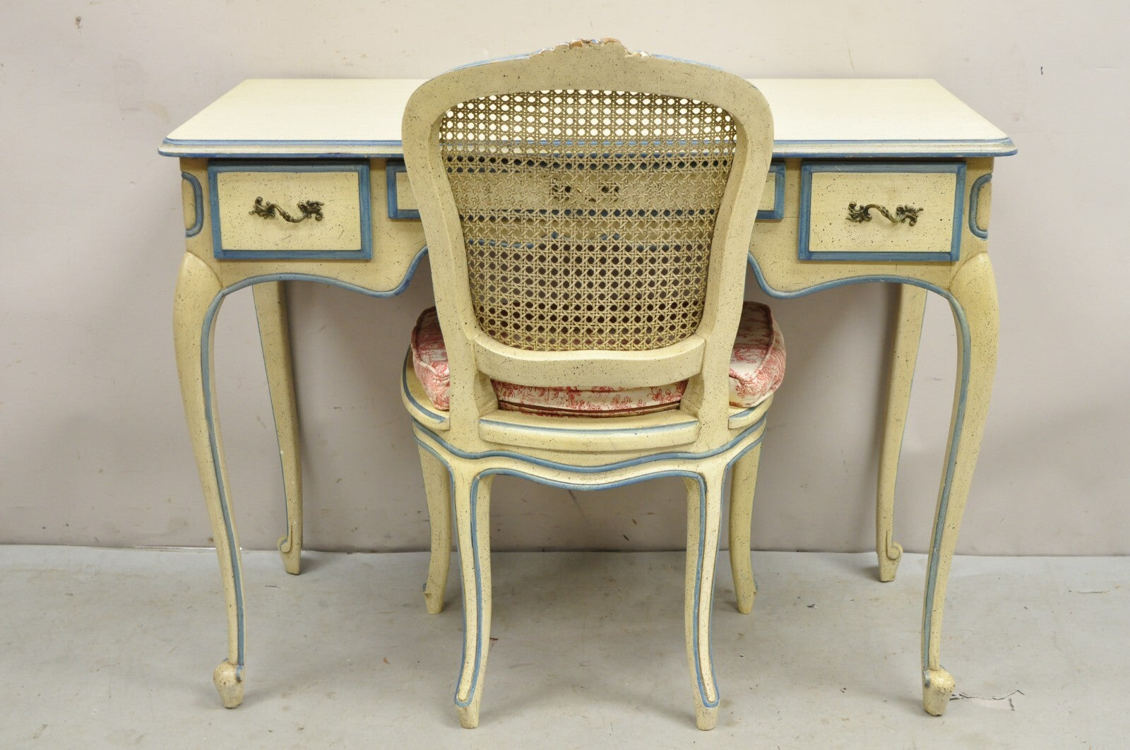 Vintage French Provincial Louis XV Cream & Blue Ladies Writing Desk Chair Set