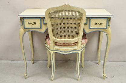 Vintage French Provincial Louis XV Cream & Blue Ladies Writing Desk Chair Set