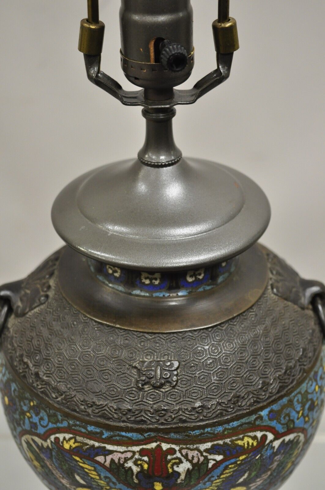 Antique Chinese Cloisonne Blue Porcelain Enamel  Bronze Figural Table Lamp
