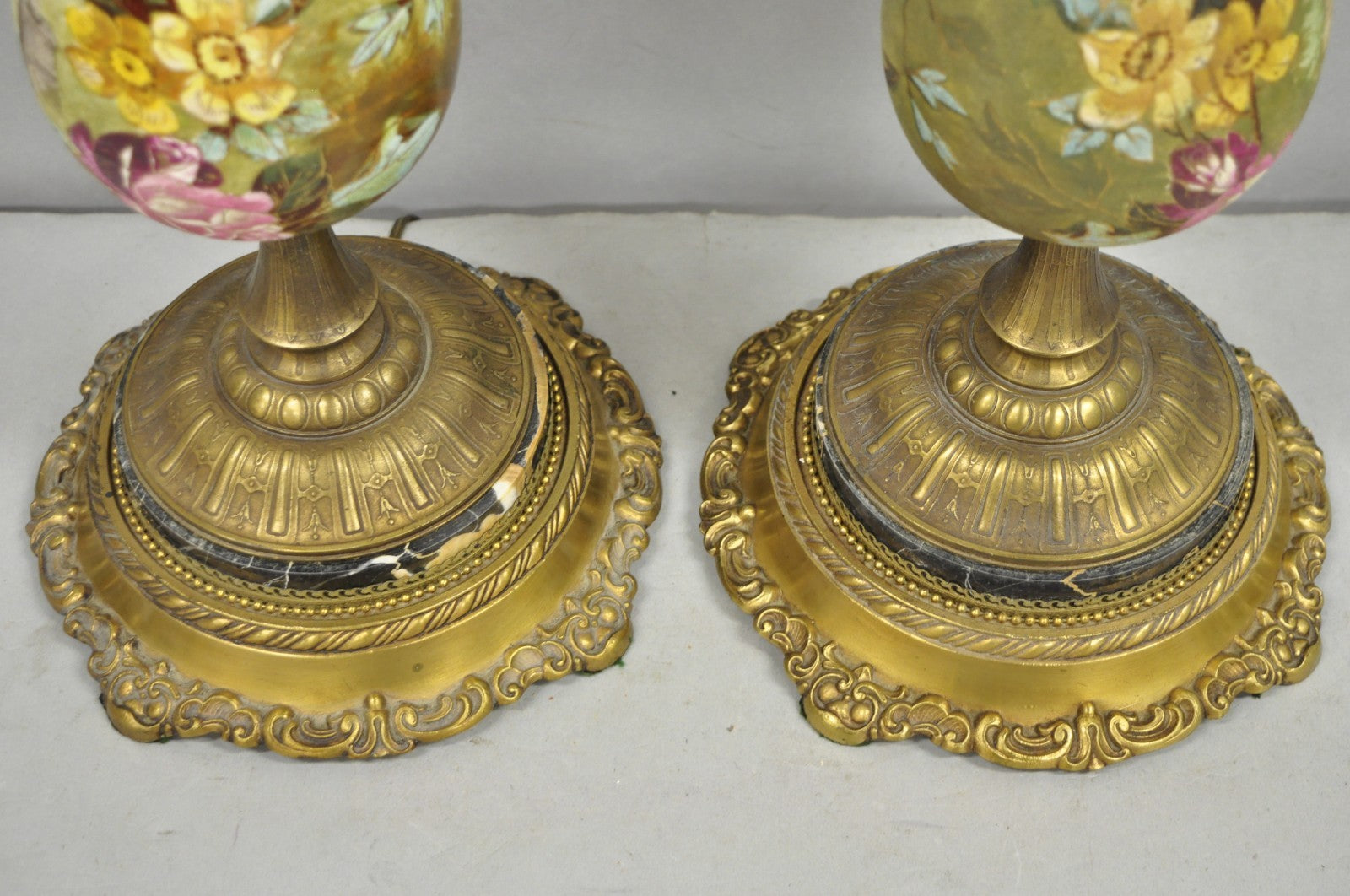 Antique Victorian Brass and Porcelain Urn Hand Painted Flower Table Lamps a Pair