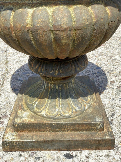 Vintage French Style Cast Iron 31"H Round Campana Urn Outdoor Garden Planter Pot