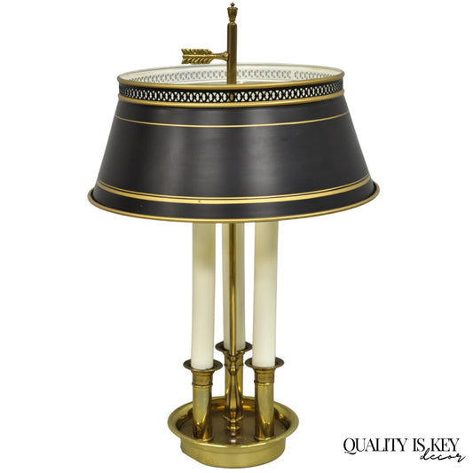 Vintage French Country Brass Tole Metal Shade Bouillotte Candlestick Table Lamp