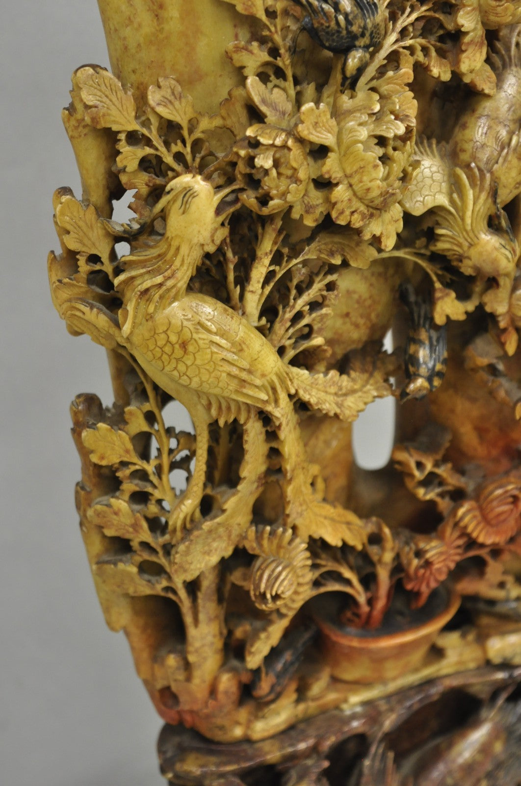 Antique Chinese Figural Carved Soapstone Large Table Lamp w/ Birds & Flowers