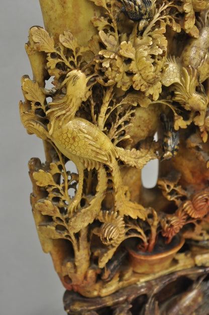 Antique Chinese Figural Carved Soapstone Large Table Lamp w/ Birds & Flowers