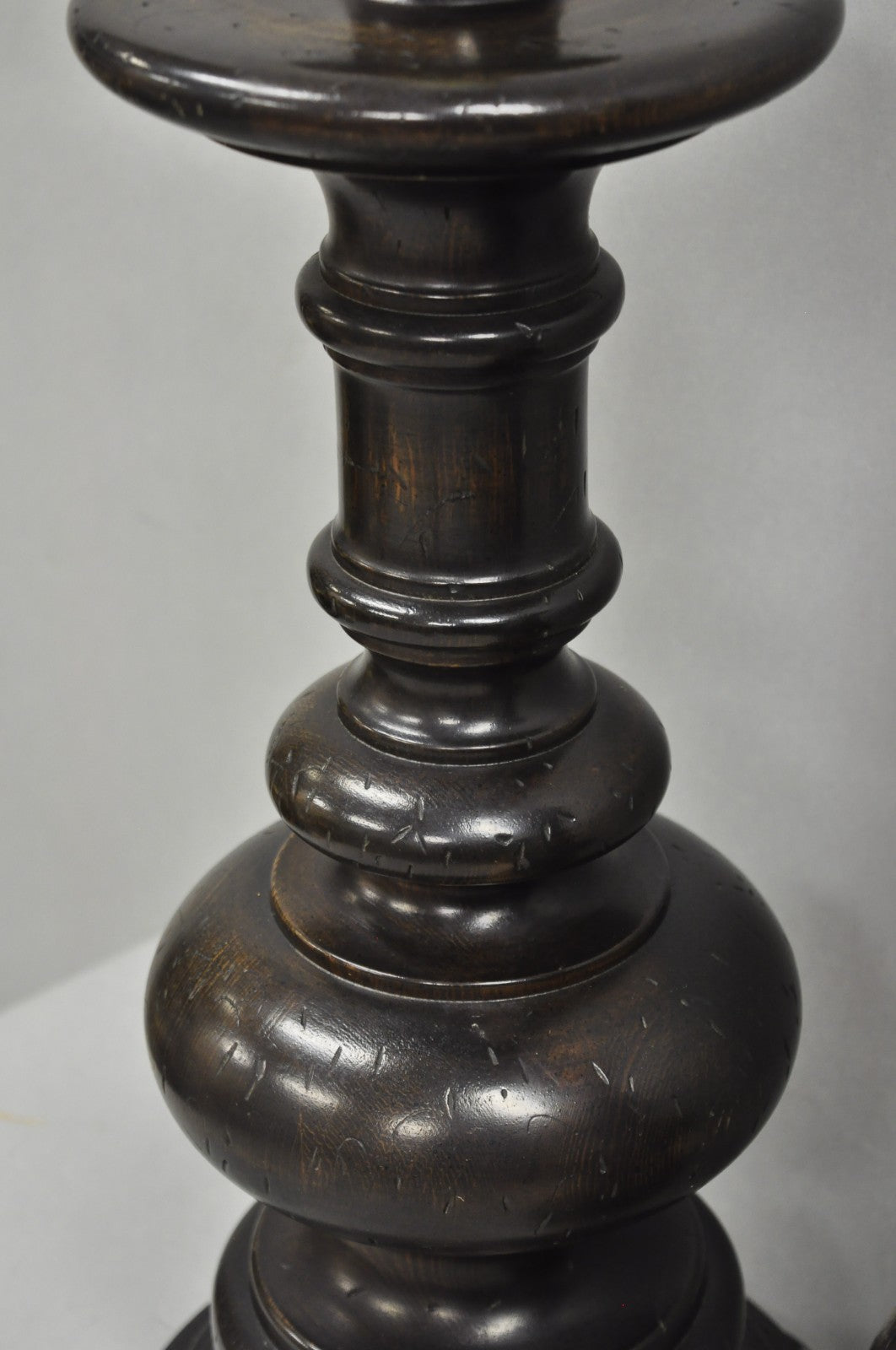 Vintage French Country Farmhouse Distressed Solid Carved Wood Table Lamps - Pair