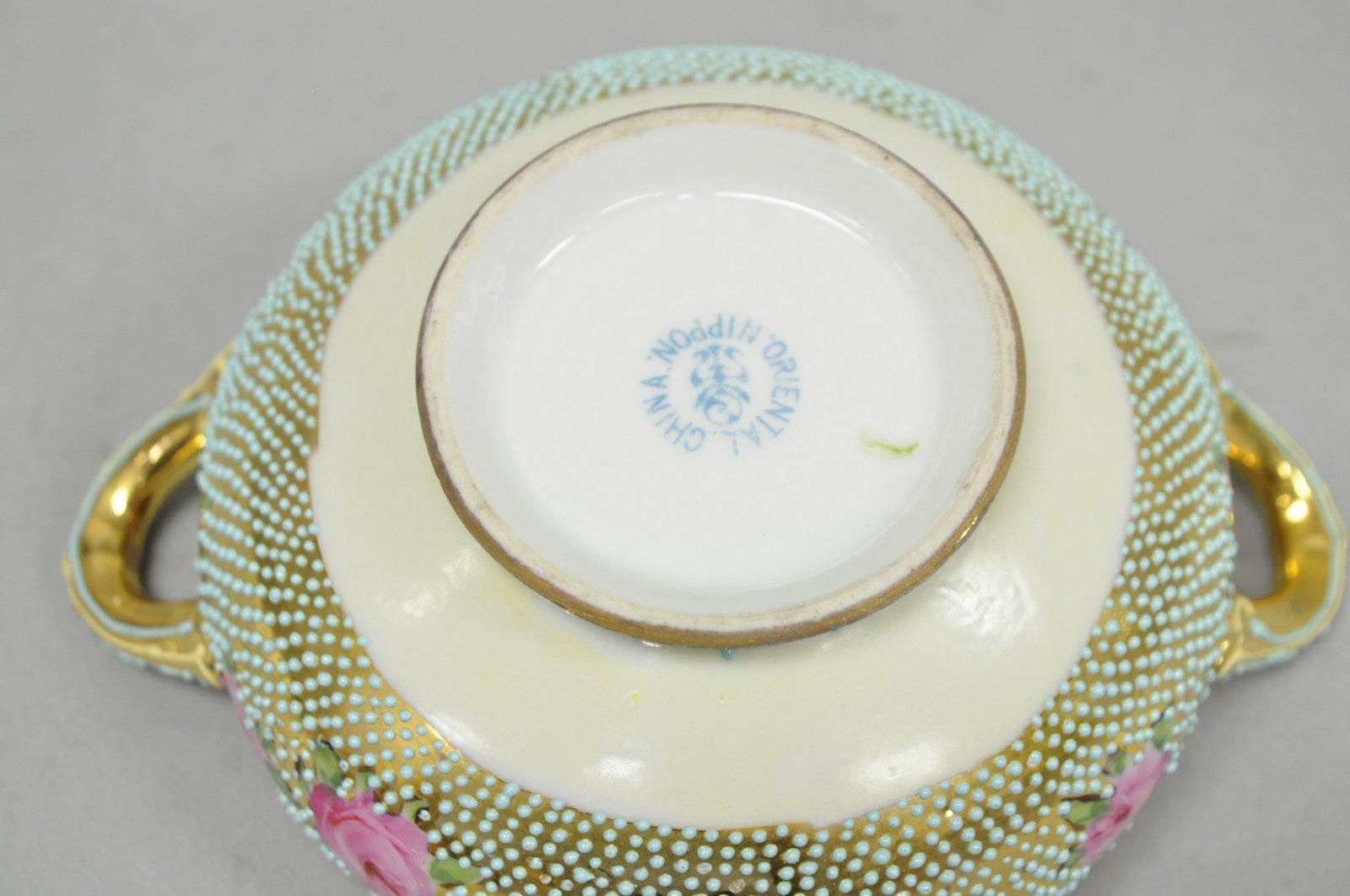 Antique Nippon Hand Painted Gold Gilt Porcelain Green Moriage Covered Sugar Bowl