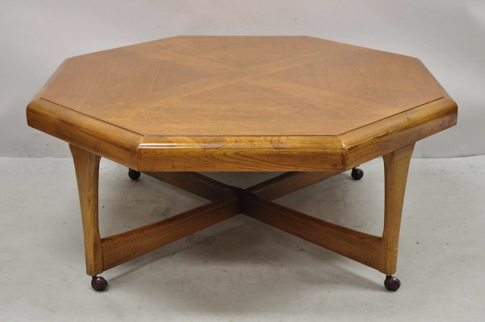 Vintage Lane Mid Century Modern Walnut Octagonal Stretcher Base Coffee Table