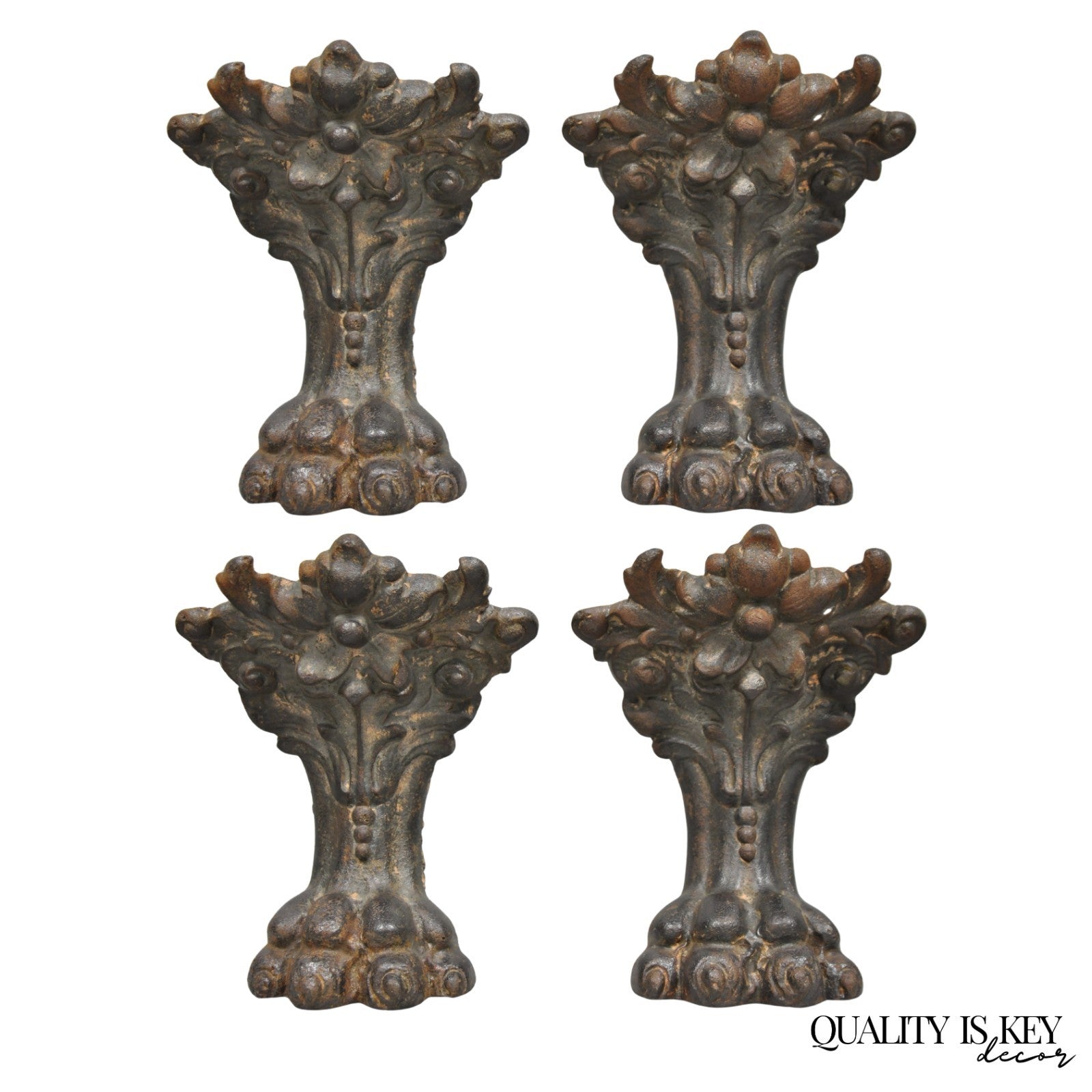 Victorian Style Cast Iron Bathtub Lion Claw Foot Paw Feet Floral Design 4 Pc Set