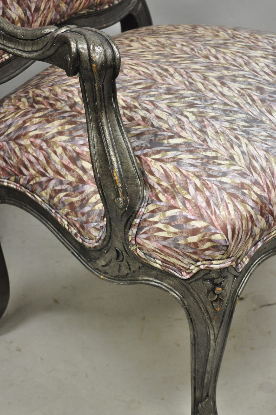 Vintage Italian Baroque Rococo Style Silver Leaf Gilt Lounge Arm Chairs - a Pair
