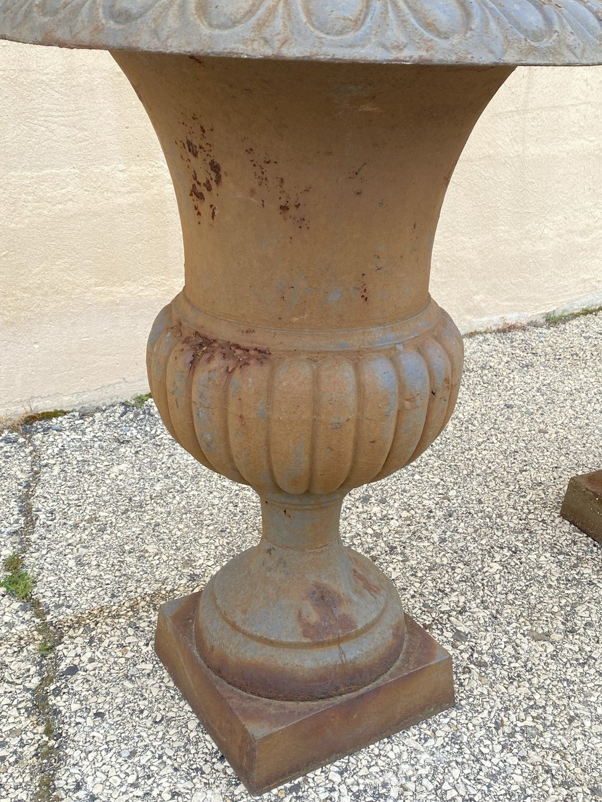 Vintage French Empire Style Large 30" Cast Iron Urn Form Garden Planters - Pair