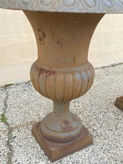 Vintage French Empire Style Large 30" Cast Iron Urn Form Garden Planters - Pair