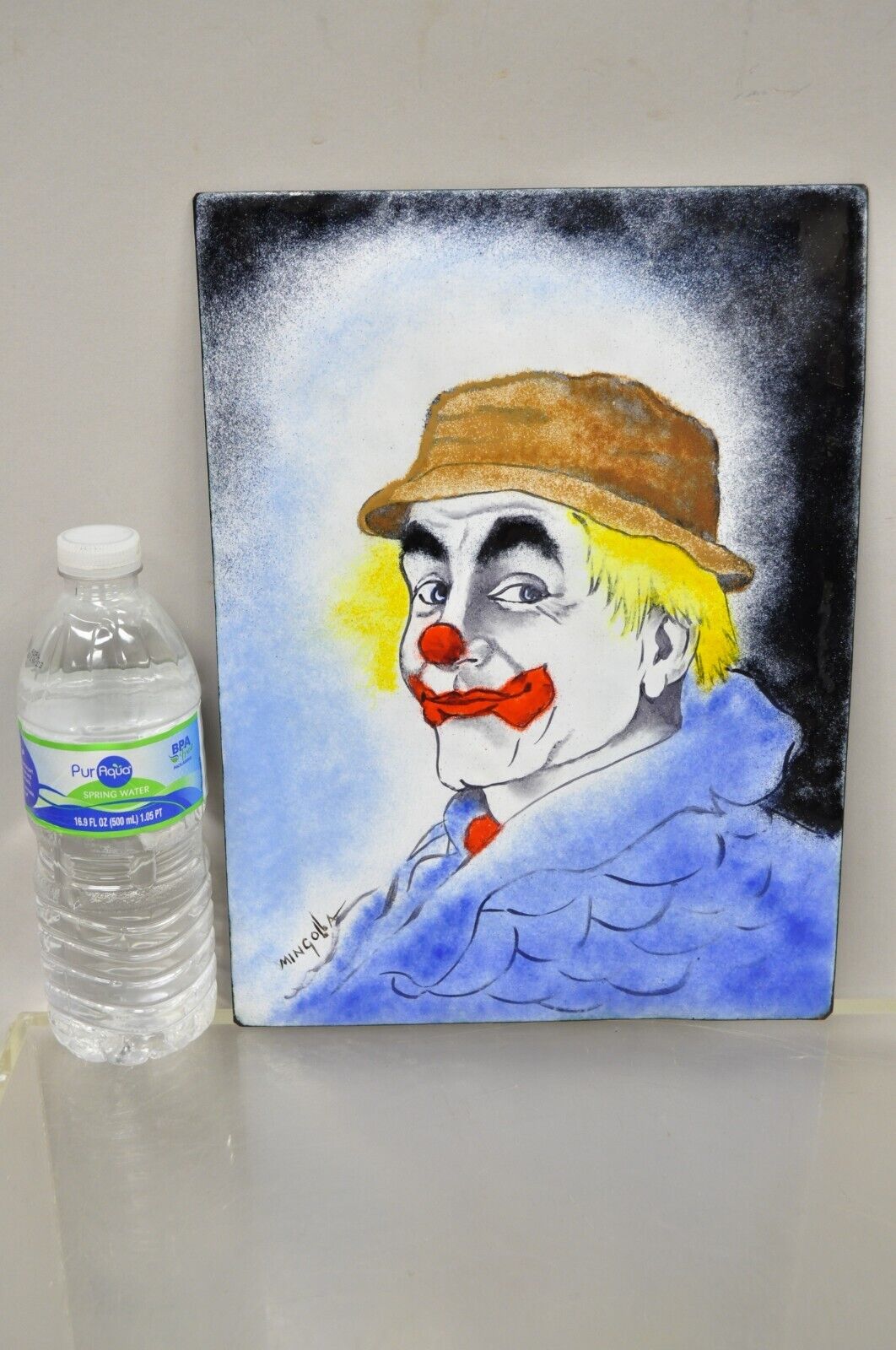 Dom Dominic Mingolla Enamel on Copper Painting Clown in Hat Portrait 12 x 9