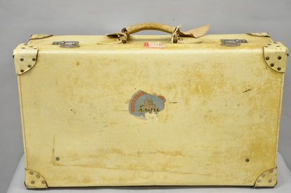 Antique 1930s French Vellum Parchment Large 30" Cream Hard Case Suitcase Luggage