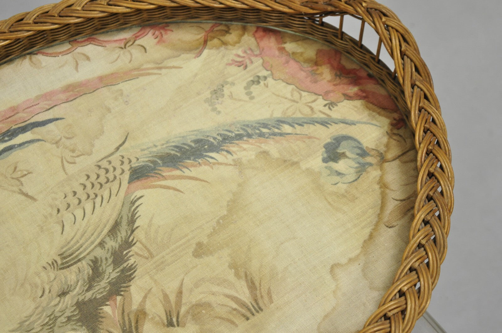 Antique French Victorian Wicker Pheasant Bird Tapestry Oval Bar Serving Tray