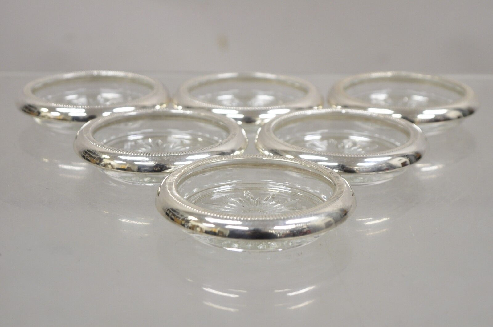 Vintage Regency Style Crystal Coasters with Sterling Silver Rims by Crown- 6 Pcs