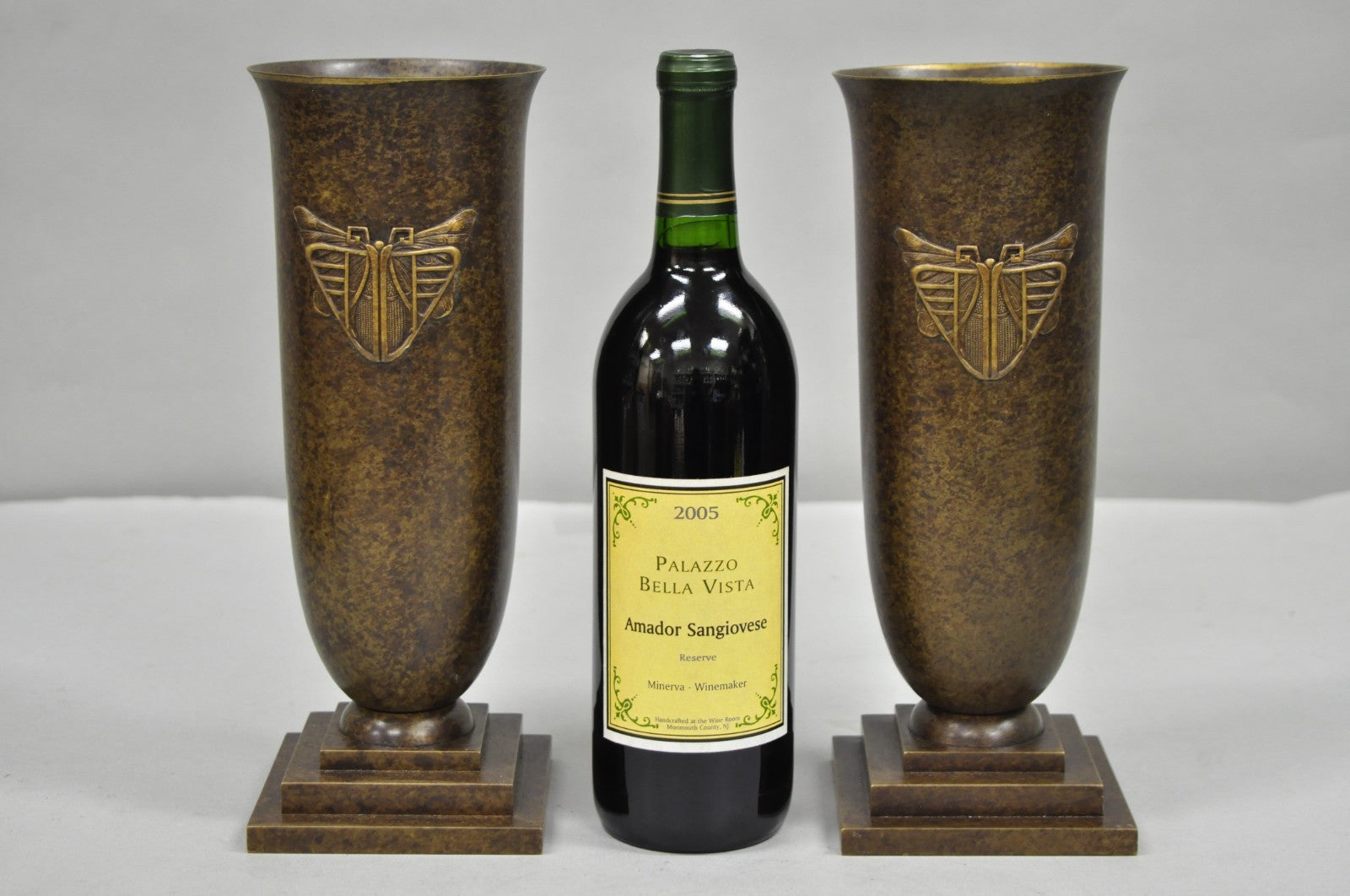 Antique French Art Deco Bronze Fluted Altar Vase w/ Butterfly Moth - a Pair