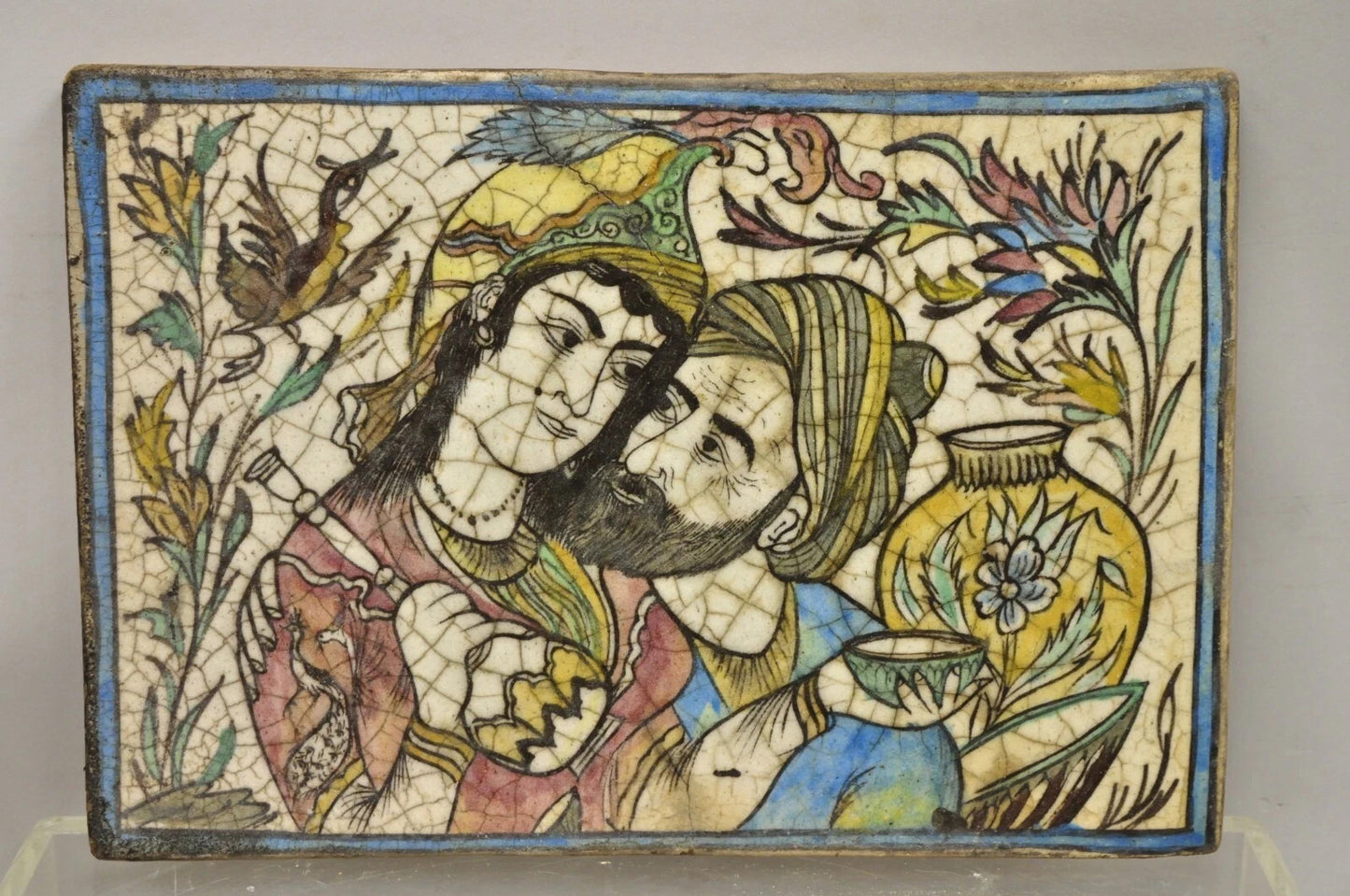 Antique Persian Iznik Qajar Style Ceramic Pottery Tile Bearded Man and Woman C2