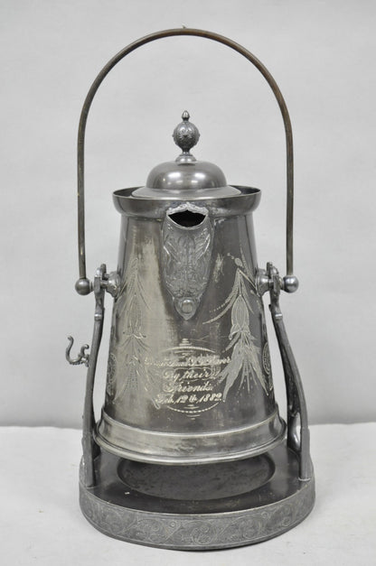 Antique English Victorian Silver Plated Tilting Coffee Pot on Stand w/ Engraving