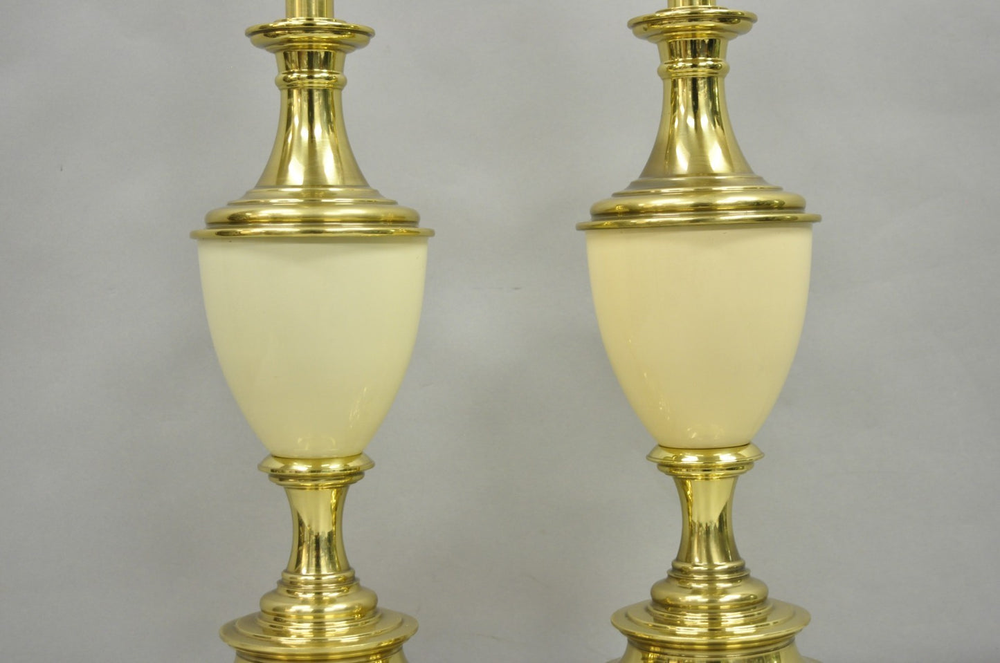 Vintage Stiffel Hollywood Regency Cream Enamel Brass Urn Table Lamps - a Pair