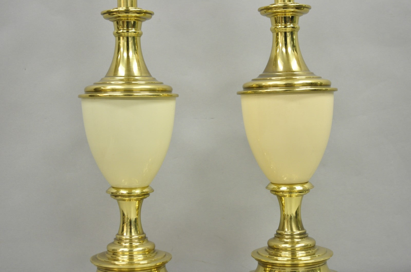 Vintage Stiffel Hollywood Regency Cream Enamel Brass Urn Table Lamps - a Pair