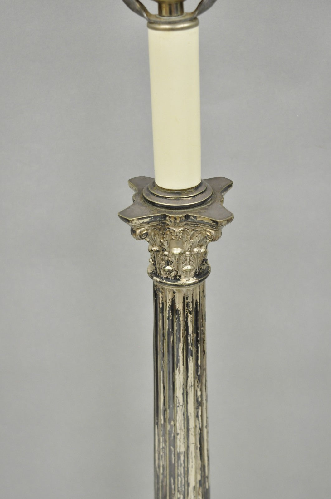 Antique French Empire Silver Plated Corinthian Column Candlestick Table Lamp