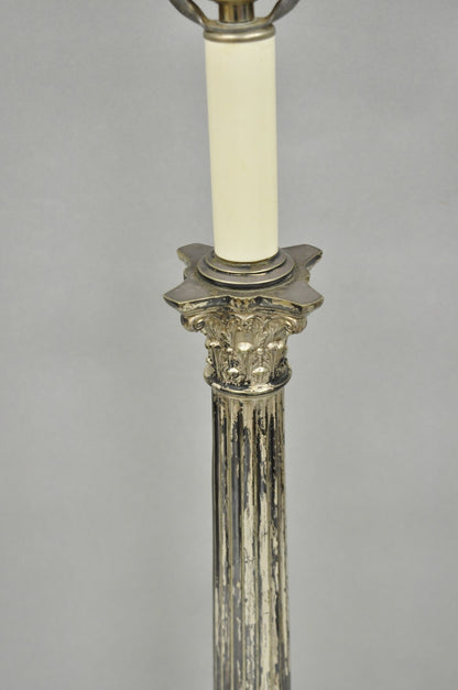 Antique French Empire Silver Plated Corinthian Column Candlestick Table Lamp