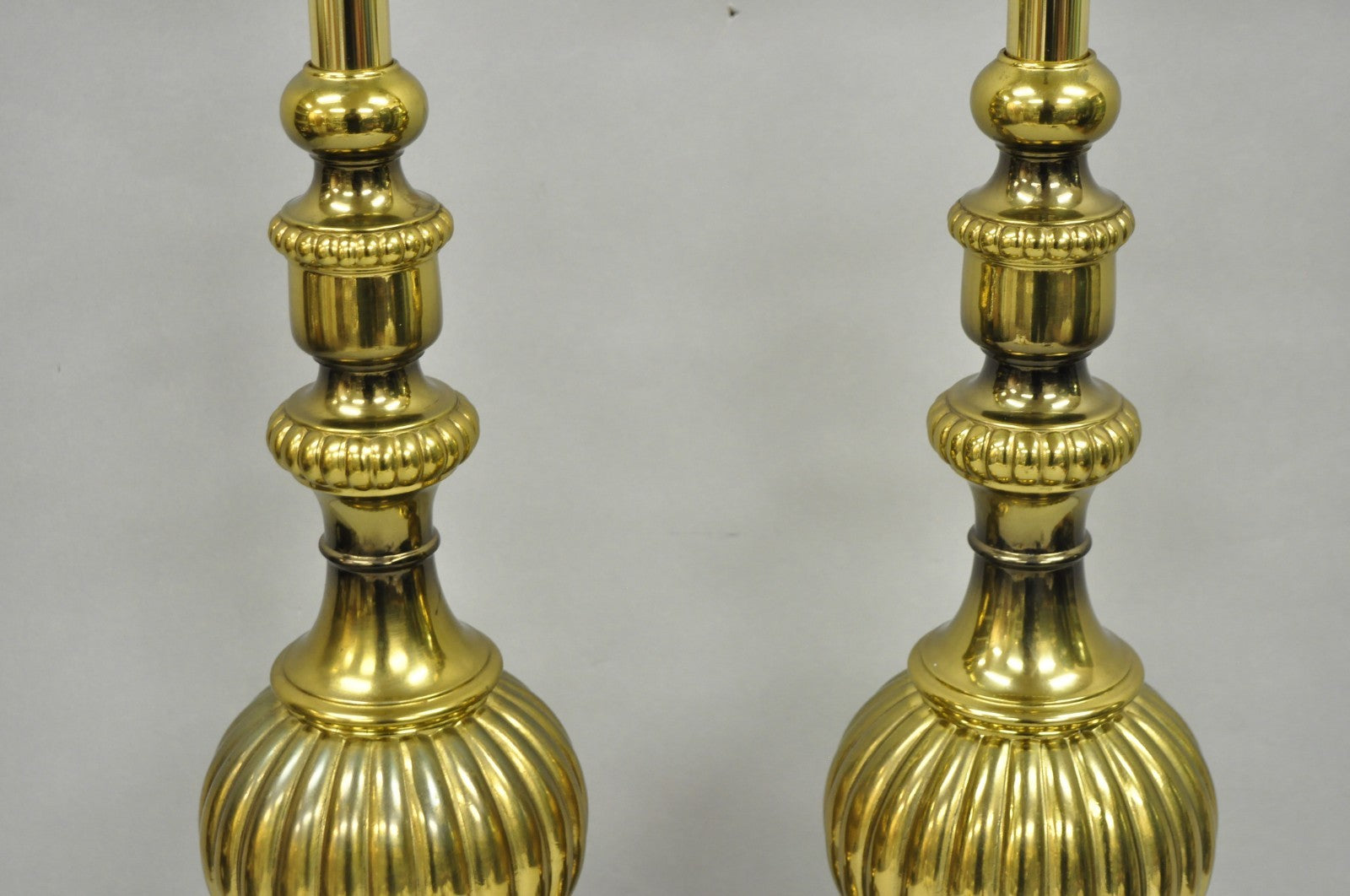 Vintage French Empire Style Burnished Brass Column Paw Foot Table Lamps - a Pair