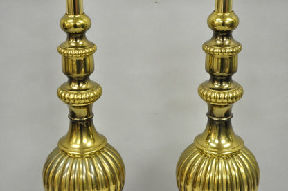 Vintage French Empire Style Burnished Brass Column Paw Foot Table Lamps - a Pair