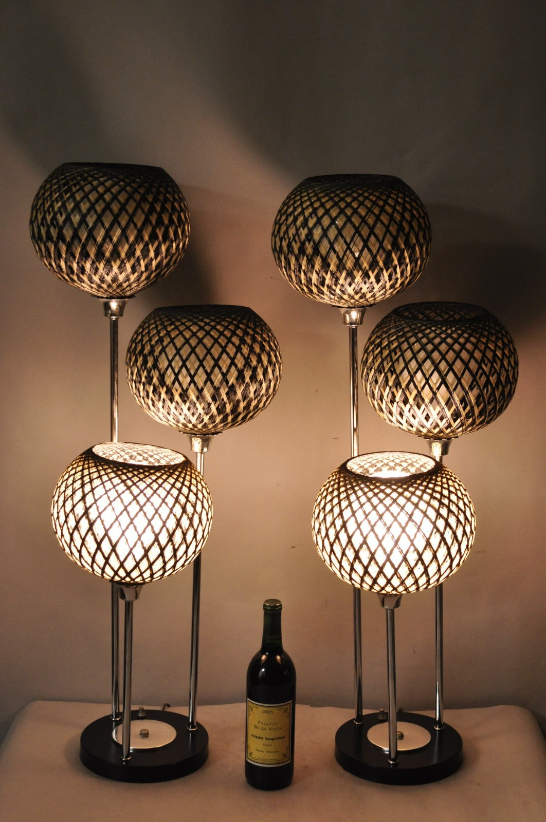 Vintage Mid Century Modern Woven Spun Fiberglass Triple Shade Table Lamp - Pair