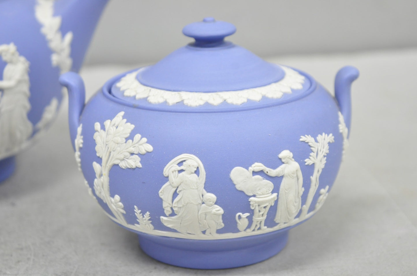 Antique Wedgwood Blue Jasperware Tea Set w/ Tea Pot Creamer Sugar Bowl 3 Pc Set