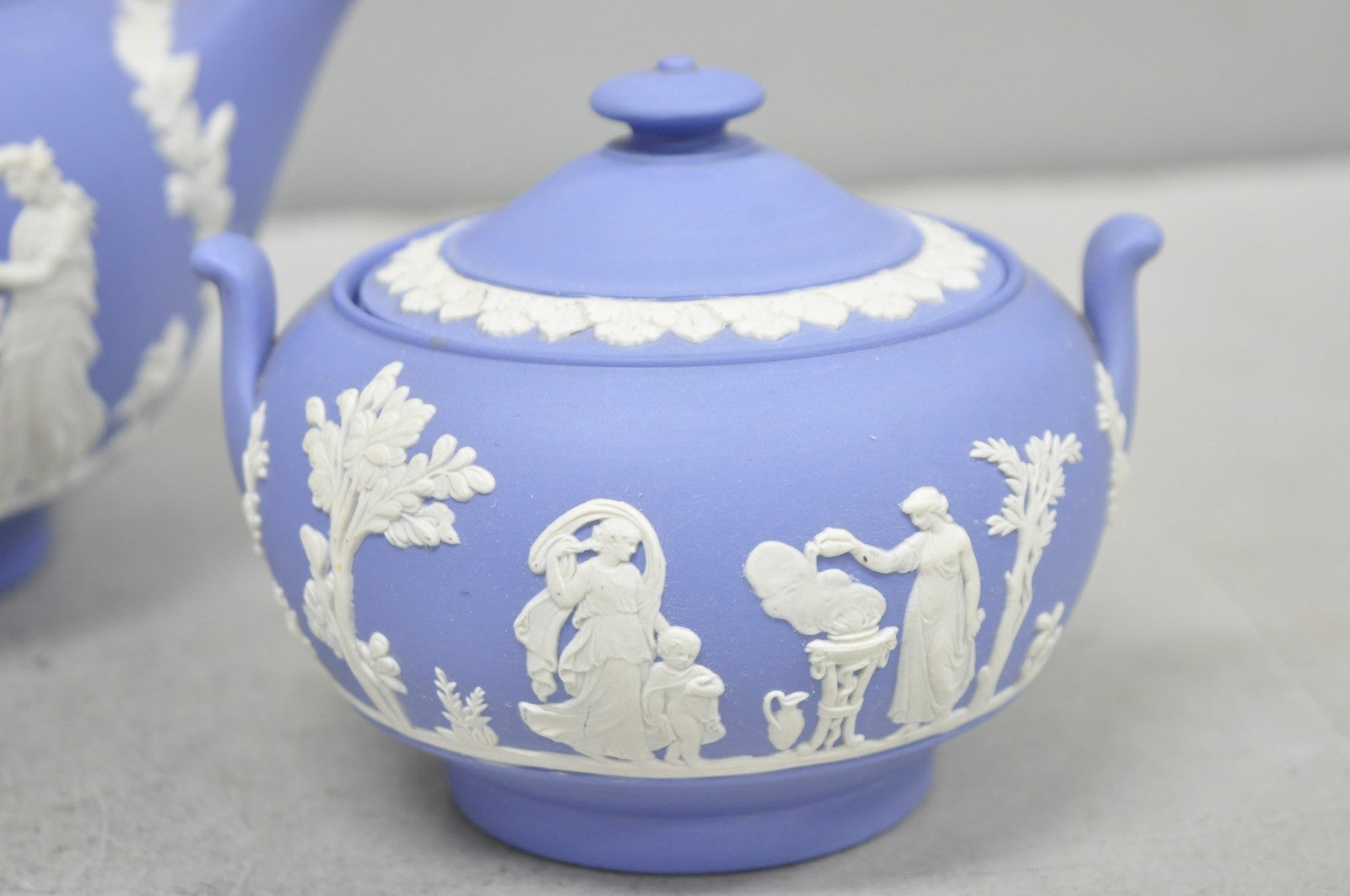 Antique Wedgwood Blue Jasperware Tea Set w/ Tea Pot Creamer Sugar Bowl 3 Pc Set