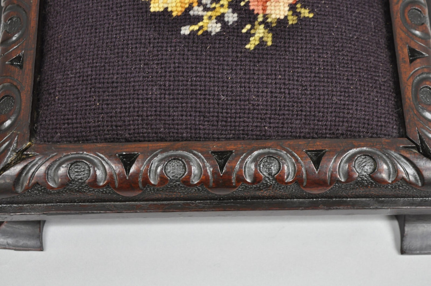 Antique Victorian Carved Solid Mahogany Floral Needlepoint Low Footstool Ottoman